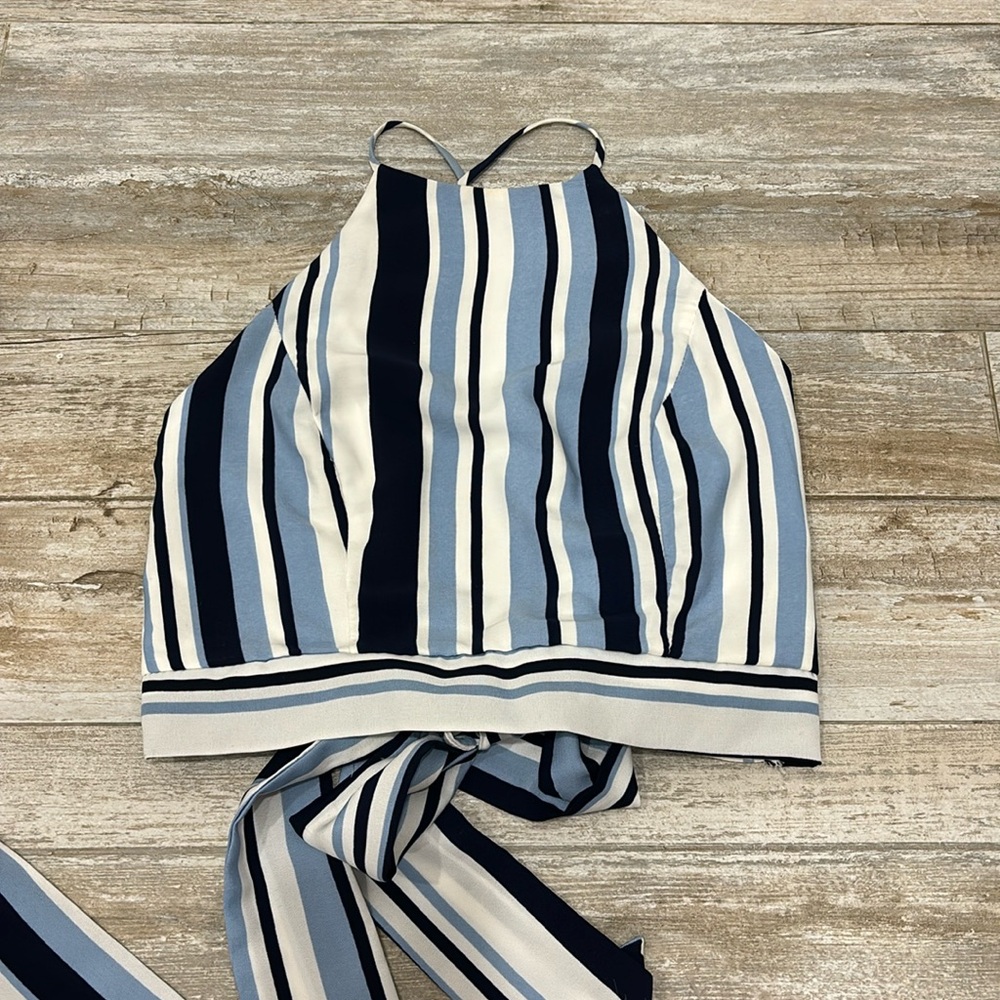 Blue striped crop top with open back and bow tie